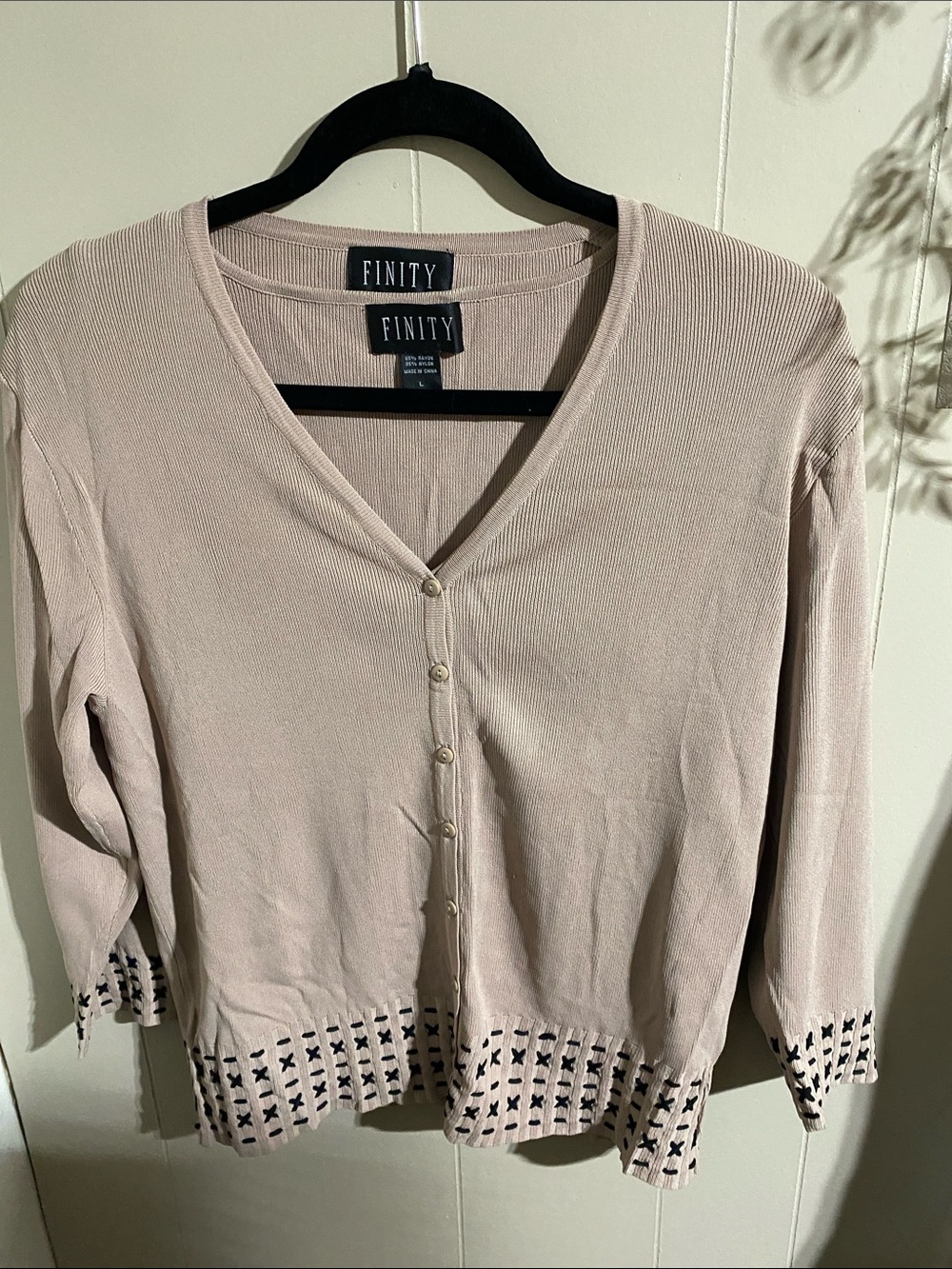 Finity Pale Pink Button-Front V-Neck Cardigan with Eyelet Hem